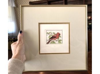 Colored Etching Of A Cardinal Bird Original Signed Numbered Framed Matted