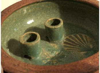 Mystery Ceramic ? Intriguing Artist Handmade Signed Fire Moss Green Glazed Piece