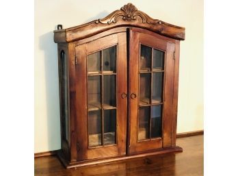 Charming Handmade Antique Carved Solid Dark Wood Cupboard With Glass Panes