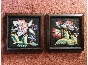 Hand Stitched Needlepoint Art ~ Charming Small Framed Pair