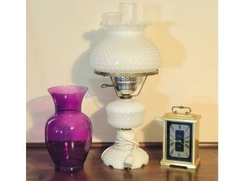 Vintage Hobnail Milk Glass Lamp Quartz Bulova Carriage Clock And More! Nice Lot Of 3