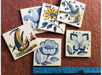 6 Hand Painted Fire Glazed Ceramic Art Tiles 5.5 Inch Squares