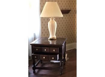 Dark Wood Side Table Storage With  Ivory Fire Glazed Lamp
