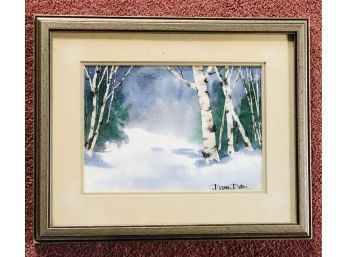 Signed Snowy Birch Tree Original Framed Watercolor Winterscape