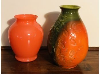 Artist Made Signed Fire Glazed Italy Pottery Wedded To MCM Signal Orange Modern Glass Vase ~ Great Mated Pair!