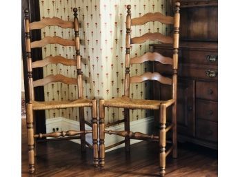 Excellent Solid Pair Of Caned Tall Ladderback Turned Maple Vintage Chairs