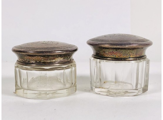 2 Inscribed Sterling Silver Topped Antique Crystal Glass Vanity Rouge Pots