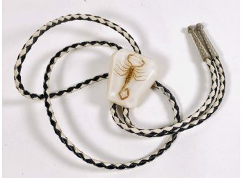 Amazing Vintage Scorpion In Lucite Braided Leather Bolo