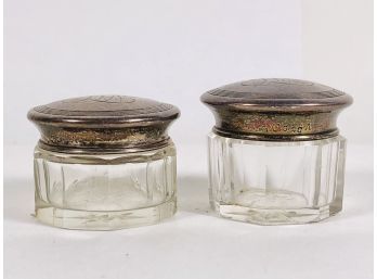 2 Inscribed Sterling Silver Topped Antique Crystal Glass Vanity Rouge Pots