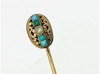 Very Antique Gold With Square Cut Turquoise And A Pearl Stickpin