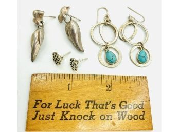 A Trio Of Patinated Sterling Pierced Earrings ~ One With Turquoise Dangles