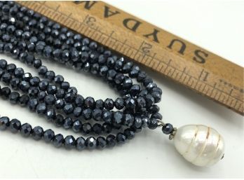 Art Deco Deep Blue Iridescent Sparkle Beads Multi-strand Necklace With Large Pearl Drop Magnetic Closure