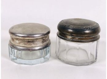 2 Antique Crystal Glass Vanity Rouge Pots With Silver Tone Tops