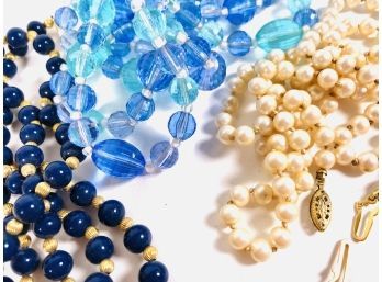 3 Costume Necklaces ~ Gold Blues And Pearls