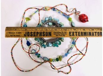 2 Wonderful Necklaces Art Glass Colorful Beads Costume And Stretchy Bracelet