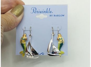 Enamel Mermaid And Sailboats 2 Pair Post Earrings ~ New In Gift Box