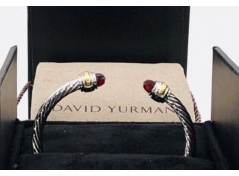 David Yurman Sterling Silver 14K Gold And Garnet 5mm Cable Bangle Bracelet ~ Brand New In Box ~ Size Medium