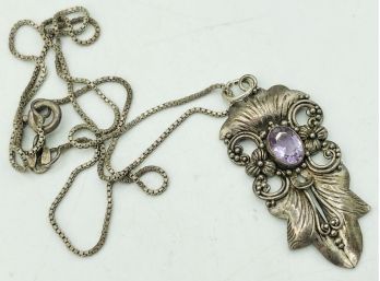 Beautiful Sterling With Bezel Set Amethyst Necklace With Flowers