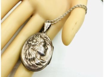 Romantic Double Sided Sterling Silver Vintage Art Nouveau Locket On Long Sterling Chain