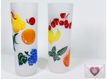 Sensational Set Of 2 Libbey Fruits Litho Printed Tom Collins Tall High Ball Frosted Glasses