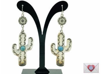 Cactus Southwest Dangle Fishhook Pierced Earrings With Faux Turquoise