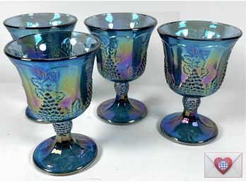 4 Exquisite Favrile Iridescent Rainbow Blue Pressed Glass Vintage Wine Water Goblets