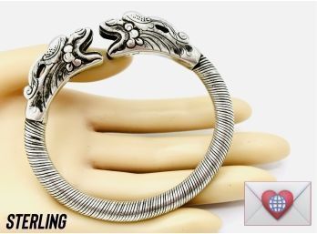 Outstanding! Handmade Chinese Antique Heavy Sterling Two Dragon Bangle