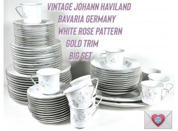Service For 10 Vintage Fine China Johann Haviland Bavaria Germany White Rose Pattern Gold Trim Big Set