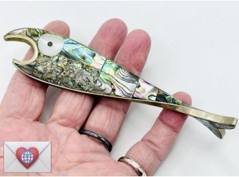 Super Cute Abalone And Sterling Fish Can Opener Amazing Colorful Large MCM Handmade