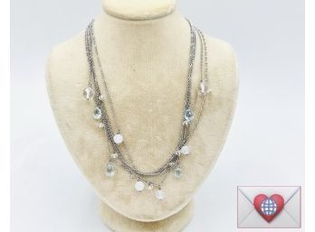 Pale Aquamarine, Milk Glass And Clear Facetted Crystal Orbs Multi Chain Sterling Necklace