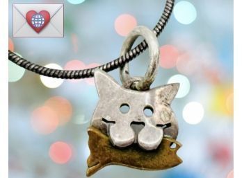 Wonderful Whimsical Sterling Cat Eating Fish Necklace Artist Made Fun!