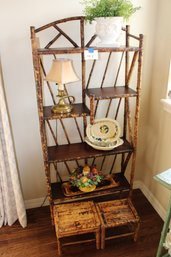 Bamboo Shelving Unit With Decor And Stools