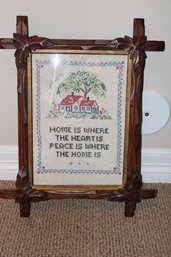 Vintage Walnut Carved Leaf Frame With Home Is Where The Heart  Needlepoint