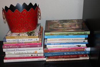 Interior Design Books And Red Tin Bucket