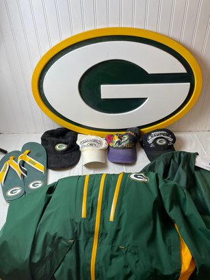 Green Bay Packers Windbreaker Jacket, Flip Flops And Baseball Caps Like-new Condition