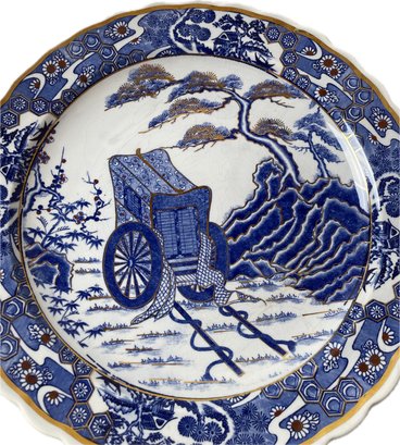 Antique 20th Century Japanese Imari Cobalt Charger With Cart Scene & Floral Decor