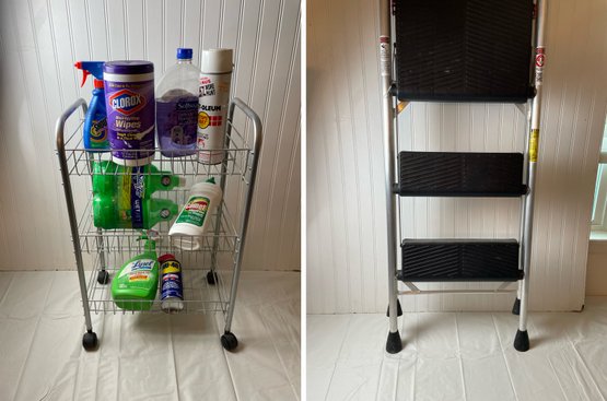 Cosco Step Stool & Wire Shelving Rack Of Cleaning Products
