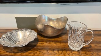 Crystal Cut Glass Pitcher & Decorative Brass And Silver Finish Bowls