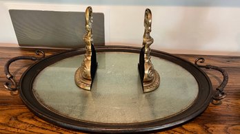 Brass Book Ends And Large Metal Serving Tray