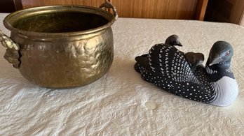 Solid Brass Planter And Loon With Chicks By Heritage Artists Of Canada