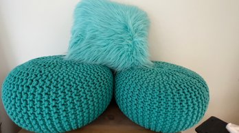 Teal Accent Pouf Ottomans And Fuzzy Pillow