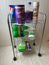 Wired Rolling Shelving Unit With Cleaning Products
