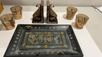 Ornate Tray, Cups, Bookends From India