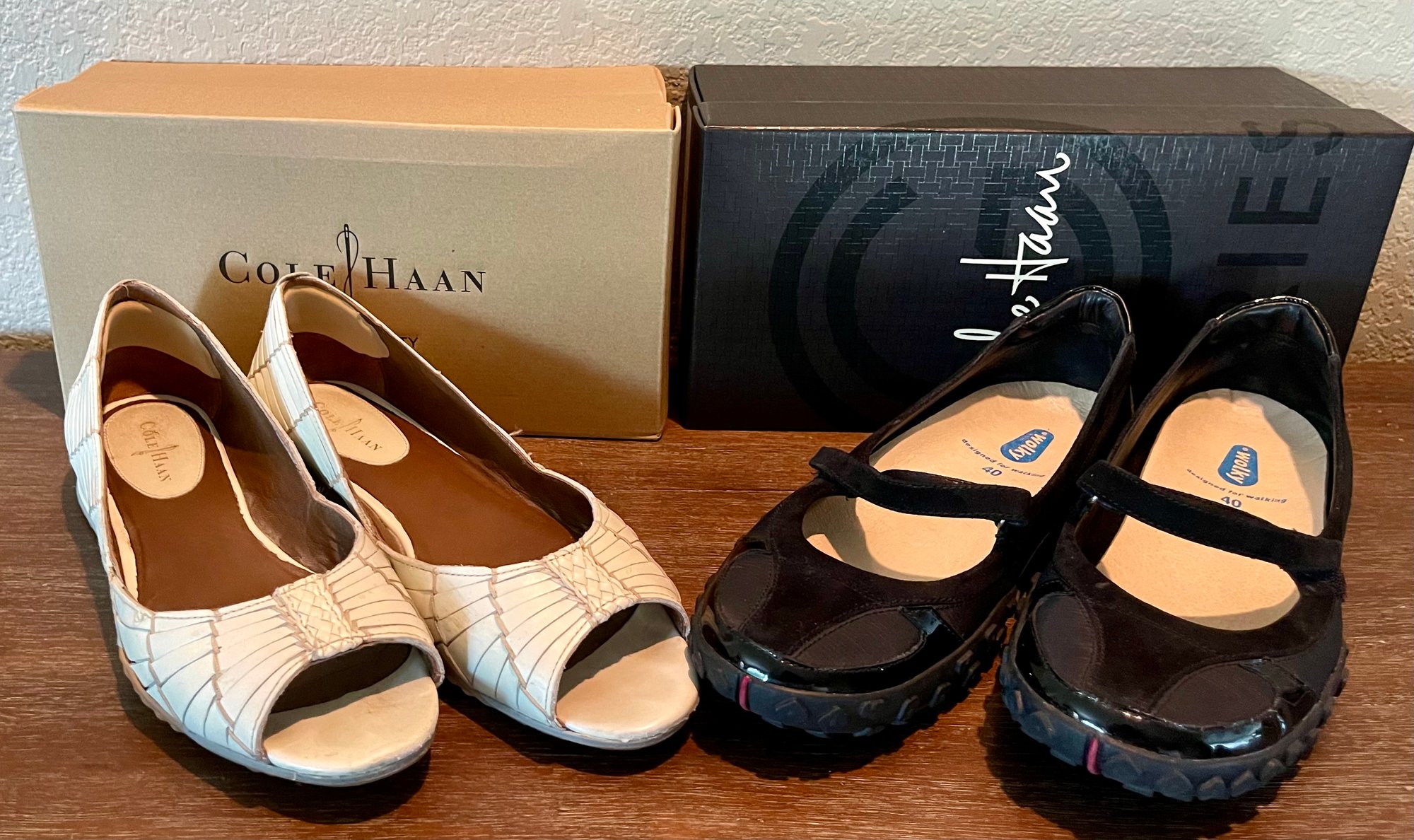 2 Pairs Of Cole Haan Ladies Shoes - Ivory Huarache Sandals 8.5 & Phebes  Mary Jane Suede Patent 8.5 #40355 | Auctionninja.com