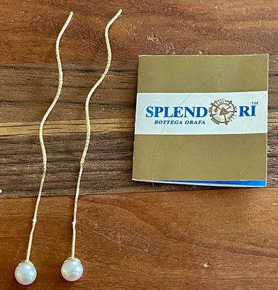 14K Gold Splendori 3.5' Thread Twist Earrings With Pearl - Total Weight 1.6 Grams
