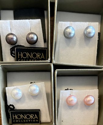 4 Pairs Of Honora Sterling Silver Post Cultured Pearl Earrings In Original Box - White - Grey - Pink - Brown