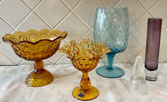 Art Glass Lot - Fenton Amber Compote, Coin Dot Dish, MCM Blue Dish, LSA Poland Bud Vase