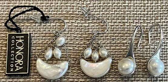 2 Pairs Honora Sterling Silver And Freshwater Pearl Earrings Half Moon & Dangle