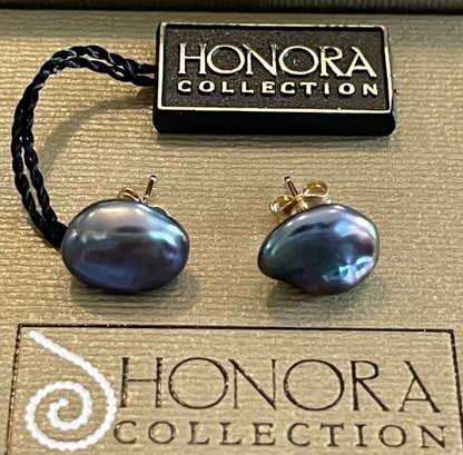 Honora 14K Gold And Dark Grey Freshwater Pearl Earrings In Original Box