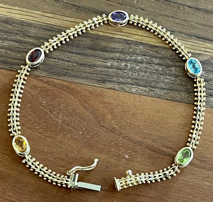 14K Gold Imperial Gold Woven 6.5' Bracelet With Amethyst - Citrine - Topaz - Garnet And Peridot - 6.1 Grams